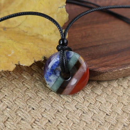 Anjiucc Natural Gemstone Pendant Necklce Lucky Coin Crystal Necklace Donut Pendnat with Adjustable Rope Healing Crystal for Men - color: 7 Chakras