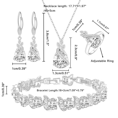 LMXXVJ Jewelry Set for Women,Teardrop Cubic Zirconia Necklace Earrings Adjustable Ring Bracelet Jewelry Set Formal Jewelry Gift - color: SYSD-White Gold-White