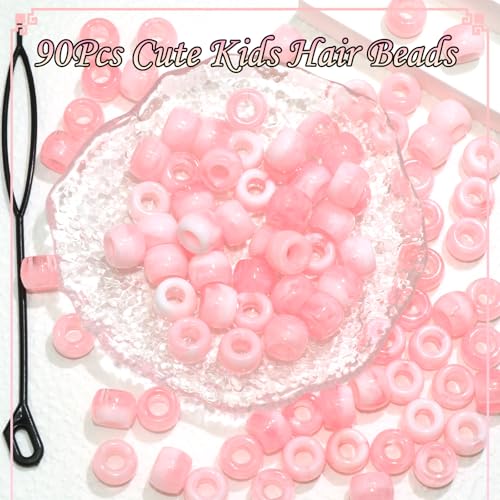 NAISKA 90Pcs Light Pink Kids Hair Beads Cute Hair Beads for Braids Round Small Beads for Hair Acrylic Gradient Dreadlock Beads Mini Pony Beads Loc Beads Clips Accessories - color: Light Pink