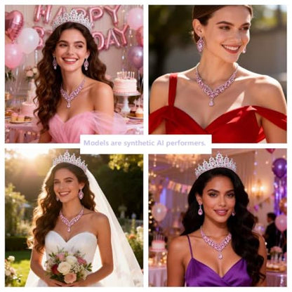 Kamirola Bridal Wedding Tiara Crown Jewelry Set for Women/Brides/Bridesmaids Crystal Jewelry Set for Wedding Prom Party Bridal Crystal Necklace Earrings Bracelet Set(TR60) - color: Silver Pink
