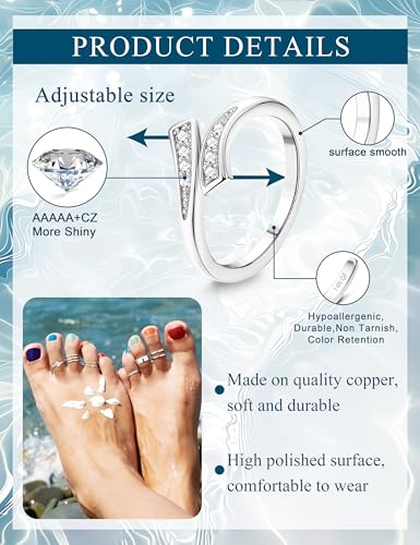 JeryWe Toe Rings for Women Non Tarnish Waterproof - 14K Gold Filled Adjustable Toe Rings Silver Simple Band Hug CZ Thin Chunky Toe Ring Dainty Summer Barefoot Beach Foot Jewelry for Women 9Pcs