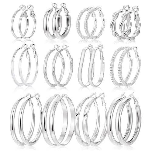 12 Pairs Gold Hoop Earrings Set for Women, Lightweight Big/Large Hoop Earrings Multipack, Hypoallergenic Gold Hoops Earrings Pack for Jewelry Gift 30mm/40mm/50mm - color: silver