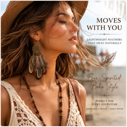 Boho Brown Feather Earrings for Women, Vintage Dream Catcher Dangle Jewelry | Brown feather layers and antique bronze-tone filigree create a bold boho look for festivals, western outfits and casual wear.
