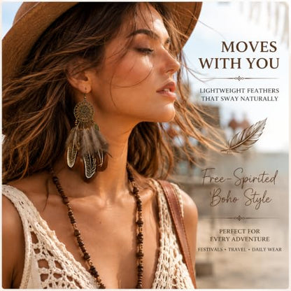 Boho Brown Feather Earrings for Women, Vintage Dream Catcher Dangle Jewelry | Brown feather layers and antique bronze-tone filigree create a bold boho look for festivals, western outfits and casual wear.