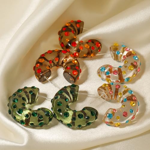 Chunky Acrylic Hoop Earrings for Women Thick Rhinestone Resin Open Hoops Colorful Geometric Earrings Lightweight Hypoallergenic for Sensitive Ears - color: CZ-Red