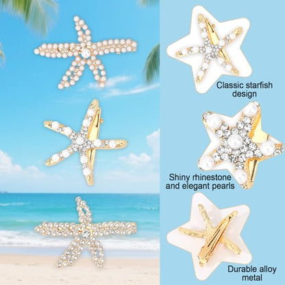 3PCS Starfish Hair Clips for Women Sparkly Crystal Pearl Hair Barrettes Gold Tone Ocean Themed Hair Accessories for Beach, Summer Vacation, Costume Party, Daily Wear