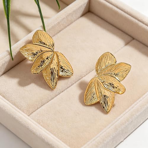 Gold Statement Earrings For Women, 14K Gold Plated Textured Geometric Drop Earrings - Hypoallergenic Stainless Steel Statement Earrings for Women, Waterproof Fan-Shaped Dangle Earrings for Beach & Daily Wear - color: Flower DKE252074GL