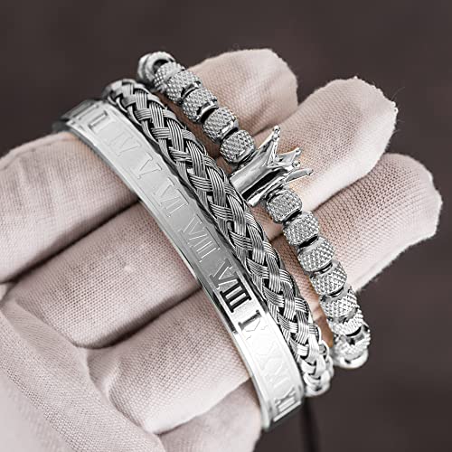 3pcs/set Classical Handmade Braiding Bracelet Hip Hop Men Pave CZ Leopard Head Roman Numeral Bracelet Stainless Steel Jewelry - color: 3pcs C Crwon Silver