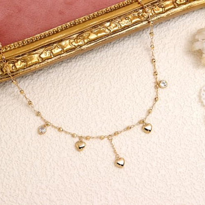 Silver Heart Charm Link Anklet for Women, Adjustable Handmade Cubic Zirconia Stackable Waterproof Summer Beach Chain Anklets Jewelry Accessories Gift - color: Gold Heart Charm