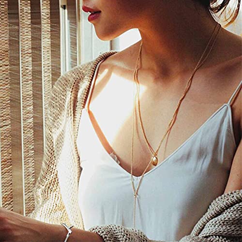 Bohemia Layered Bar Coin Necklace Gold Vertical Bar Y Lariat Necklace Long Disc Pendant Necklace Chain Circle Necklace Jewelry for Women