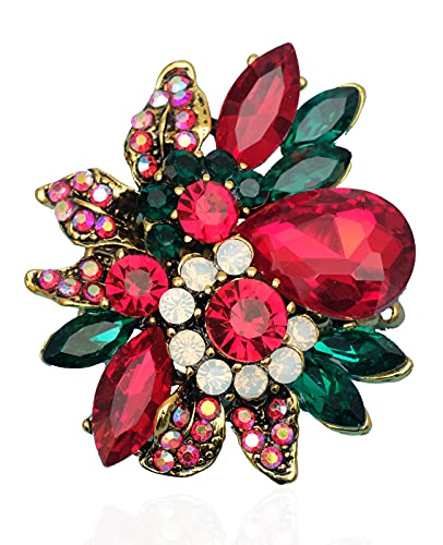 CSY Luxury Froral Cocktail Statement Rings Stretch Adjustable Ring | Gorgeous Women's Austrian Crystal Leaves Flower Big Cocktail Statement Rings Stretch Adjustable Ring Jewelry Accessories - color: Red