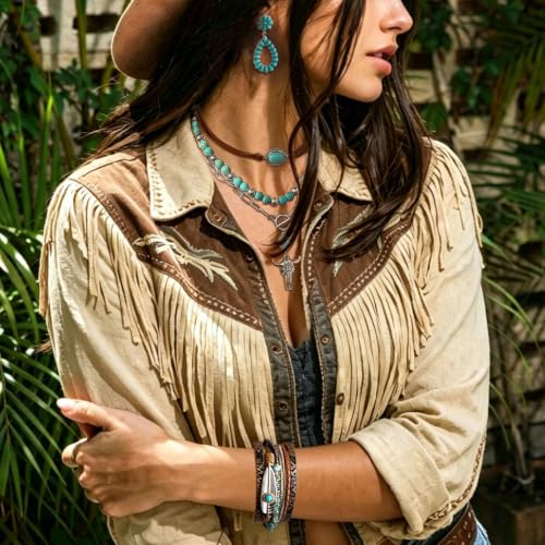 RechicGu Western Jewelry For Women Bohemian Turquoise Dangle Earrings Necklace Bracelet Set, Bullhead Pendant Layered Choker Boho Faux Leather Wristband Country Concert Cowgirl Accessories - color: Jewelry Set B