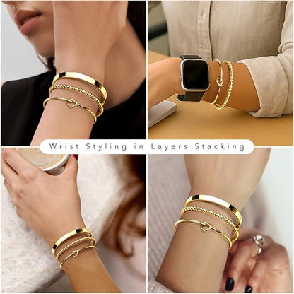 925 Sterling Silver Bracelets for Women Stack, Trendy Tennis Bangle Cuff Jewelry Set 14K Gold Plated, Adjustable Bracelet Set for Wrist Essentials, Women Fashion Watch Band Acecessories - style: Braccelet_4pcs_03