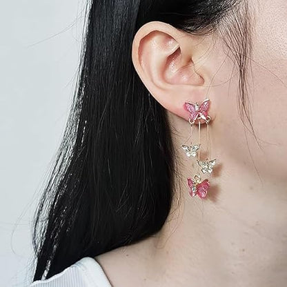 Purple Butterfly Tassel Earrings for Women Crystal Rhinestone Drop Earrings Animal Drop Dangle Charm Earrings - color: D-Pink