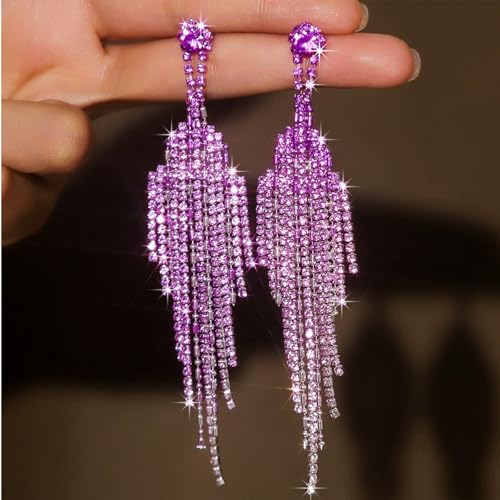 Rhinestone Earrings Prom Earrings for Women Sparkly Long Tassel Chandelier Drop Statement Earring Jewerly Gifts Wedding Party Prom Dresses Accessories - color: A4: purple prom earrings