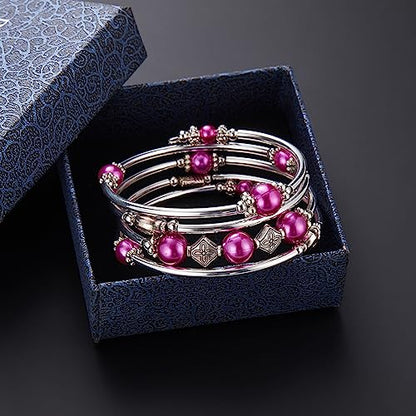 Beaded Pearl Bangle Wrap Bracelet - Fashion Bohemian Jewelry Multilayer Charm Bracelet with Thick Silver Metal Beads, Gift For Women - color: Fuchsia