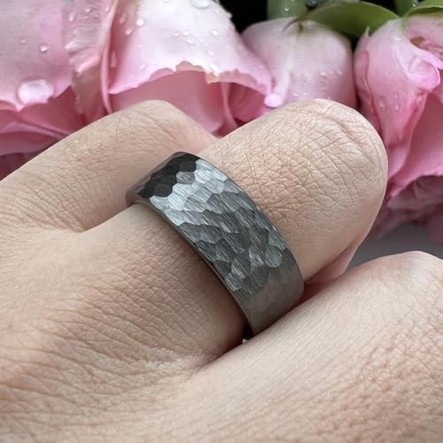 TUTISS 6mm 8mm Silver/Black/Gunmetal/Gold/Rose Gold Hammered Tungsten Rings for Men Women Couple Fashion Jewelry Engagement Wedding Bands Matte Finish Comfort Fit - color: 8mm Gunmetal Tungsten