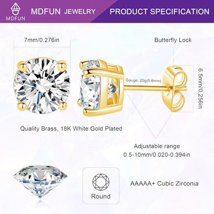 18K White/Yellow Gold Plated Stud Earrings for Men Women 4 Prong Graduated Round Clear Cubic Zirconia Hypoallergenic Earrings Set 3-8MM - color: Yellow Gold Plated, size: 7MM