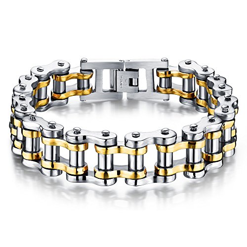jonline24h Mens Womens Stainless Steel Motorcycle Biker Chain Heavy Bracelet Rock Link Wristband - color: Gold Silver