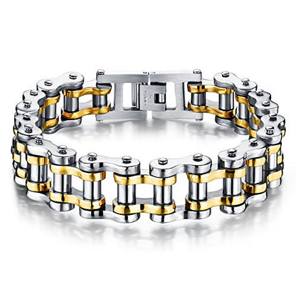 jonline24h Mens Womens Stainless Steel Motorcycle Biker Chain Heavy Bracelet Rock Link Wristband - color: Gold Silver