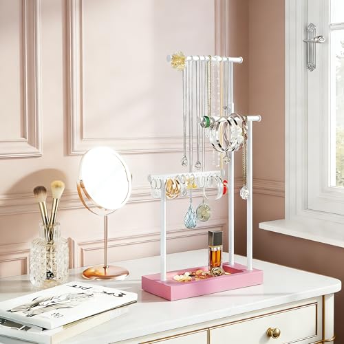 SRIWATANA Pink & White Extra Tall Necklace Holder, Jewelry Display Stand | Sturdy Tall Jewelry Organizer; Chic necklace organizer to Display Long Necklaces, Pendants, Chains Without Tangling - color: Pink & White