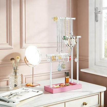 SRIWATANA Pink & White Extra Tall Necklace Holder, Jewelry Display Stand | Sturdy Tall Jewelry Organizer; Chic necklace organizer to Display Long Necklaces, Pendants, Chains Without Tangling - color: Pink & White