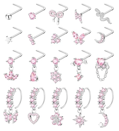 20Pcs 20G Dangle Nose Rings for Women Surgical Steel L Shaped Dangling Nose Studs Dainty Nose Ring Hoop Set CZ Heart Flower Butterfly Moon Nose Piercing Jewelry - color: Silver Pink Nose Rings