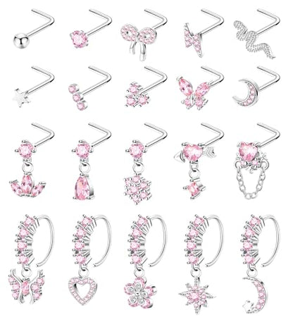 20Pcs 20G Dangle Nose Rings for Women Surgical Steel L Shaped Dangling Nose Studs Dainty Nose Ring Hoop Set CZ Heart Flower Butterfly Moon Nose Piercing Jewelry - color: Silver Pink Nose Rings