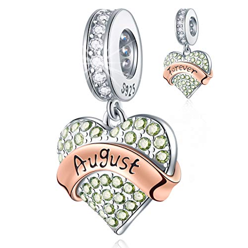 EMOSTAR Jan-Dec Birthstone Charms fits European Birthday Bracelet, Dangle 925 Sterling Silver Heart Shaped Pendant with 12 Months Birthstones, Gifts for Mom/Women - color: August Birthstone