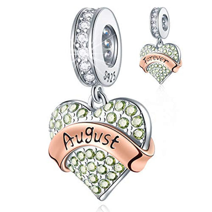 EMOSTAR Jan-Dec Birthstone Charms fits European Birthday Bracelet, Dangle 925 Sterling Silver Heart Shaped Pendant with 12 Months Birthstones, Gifts for Mom/Women - color: August Birthstone
