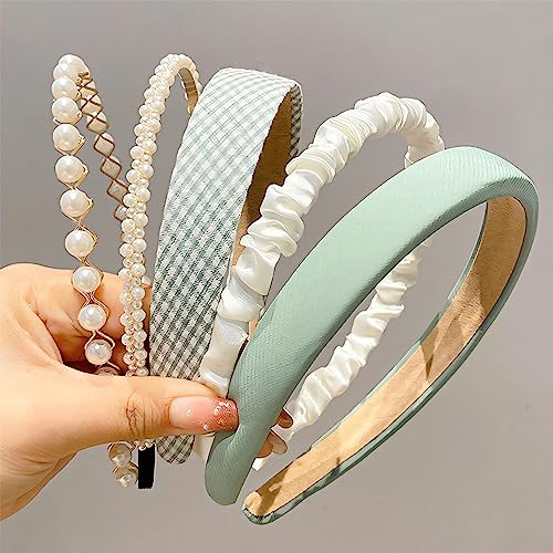 Fashion Headbands for Women Teen Girls Headbands Set, 5pcs Pearl Headband Floral Head bands Padded Headbands for Women Vintage Wide Headband (Green) - color: Green