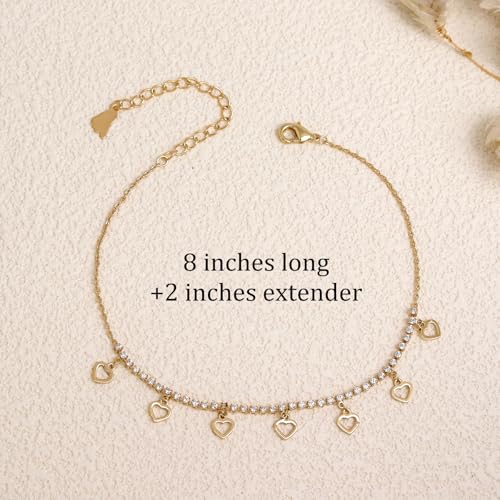 Silver Heart Charm Link Anklet for Women, Adjustable Handmade Cubic Zirconia Stackable Waterproof Summer Beach Chain Anklets Jewelry Accessories Gift - color: Gold Hollowed Heart