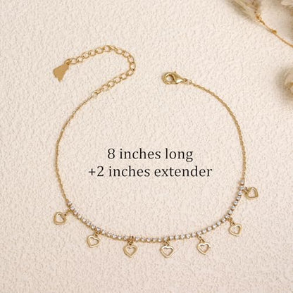 Silver Heart Charm Link Anklet for Women, Adjustable Handmade Cubic Zirconia Stackable Waterproof Summer Beach Chain Anklets Jewelry Accessories Gift - color: Gold Hollowed Heart