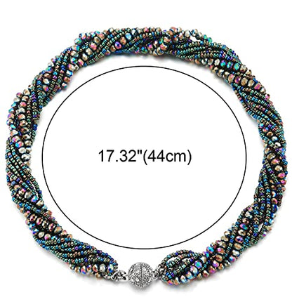 COOLSTEELANDBEYOND Multi-Layer Beads Crystal Braided Chain Choker Collar Magnetic Clasp,Statement Necklace, Bracelet - color: P-Necklace Colorful Color-02
