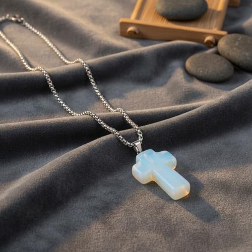 Justinstones 32mm Gemstone Carved Cross Reiki Chakra Pendant With Stainless Steel Necklace 22 Inch - color: Synthetic Opalite