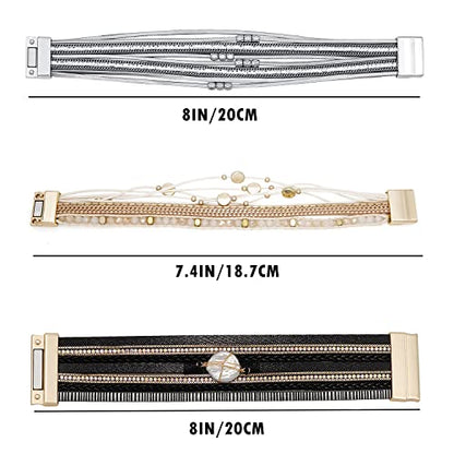 Wowanoo 3Pack Leather Cuff Bracelet Set Multilayer Wrap Bracelet Crystal Feather Tree Bracelet Magnetic Clasp Bracelet for Women - color: Bead Black