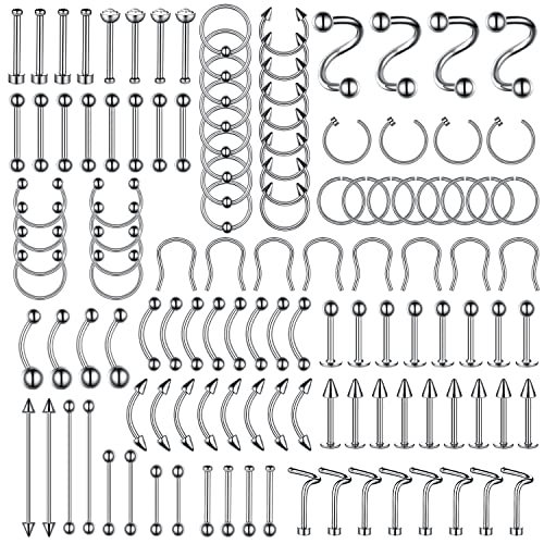 BodyJ4You 120PC Body Piercing Jewelry Kit - CBR BCR Rings Barbells Studs Screws Curved Bars - Belly Button Cartilage Tragus Nose Septum Tongue - 14G 16G 18G 20G Stainless Steel Random Bulk Set - color: 120PC Basic Jewelry
