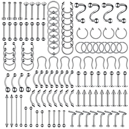 BodyJ4You 120PC Body Piercing Jewelry Kit - CBR BCR Rings Barbells Studs Screws Curved Bars - Belly Button Cartilage Tragus Nose Septum Tongue - 14G 16G 18G 20G Stainless Steel Random Bulk Set - color: 120PC Basic Jewelry