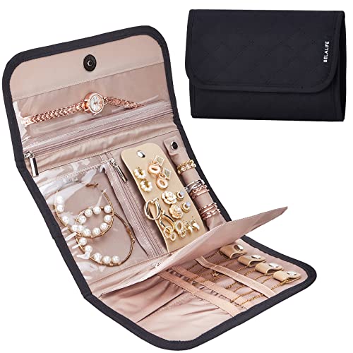 BELALIFE Travel Jewelry Case, Jewelry Organizer Roll for Accessories | Bag with foldable roll design for earrings, necklaces, rings, bracelets and brooches,Black - color: Black, size: Medium