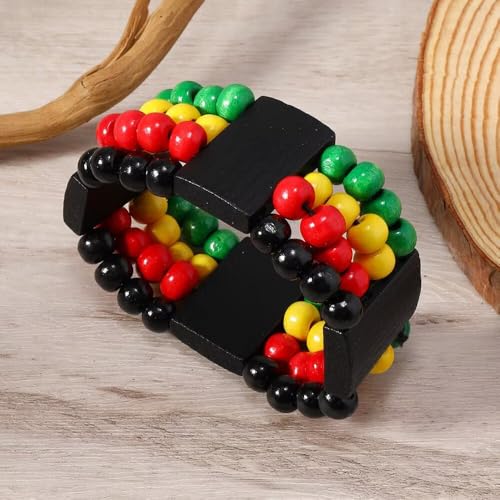 Black History Month Stretch Bracelet, Multilayer Stacked African Wooden Beaded Bangle Bracelet, Red Yellow Green Black Juneteenth, Bohemian Jewelry for Women