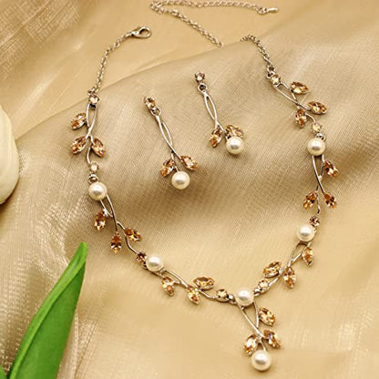 Luxury Cubic Zirconia Aurtrian Crystal Pearl Floral Necklace Dangle Earrings Wedding Bridal Jewelry Set Birthday Gifts for Her - color: Style02-Brown-Silver Plated
