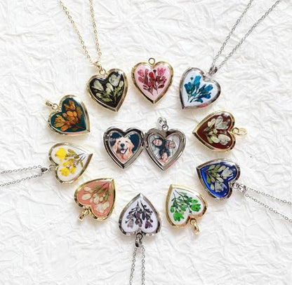 Handmade Dried Pressed Flower Heart Shaped Photo Locket Pendant Necklace - color: Silver, style: Blue Flower on White