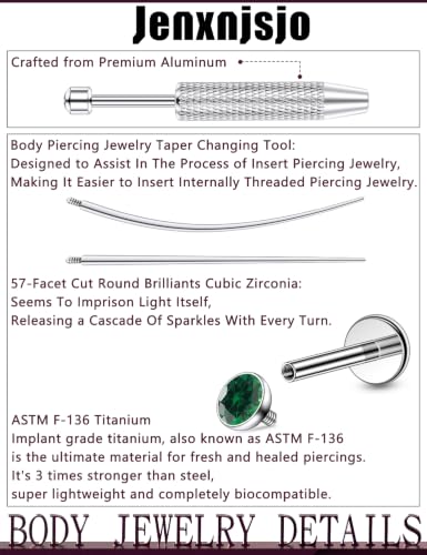 Jenxnjsjo F136 Titanium 20/18/16g Earrings Nose Lip Rings Studs Labret Medusa Tragus Helix Conch Cartilage Piercing Jewelry for Women - color: Green, size: 20g