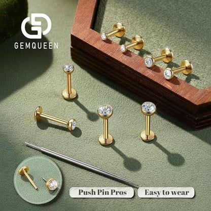 GEMQUEEN 4 Pairs 16G/18G/20G G23 Titanium Implant Grade Nose Studs Threadless Flat Back Earrings Hypoallergenic Flatback 5A CZ Cartilage Helix Tragus Conch Tiny Lip Piercing Jewelry for Women Men - color: Gold 16G(1.2MM)-Bar-6/8MM&CZ-2/3/4MM