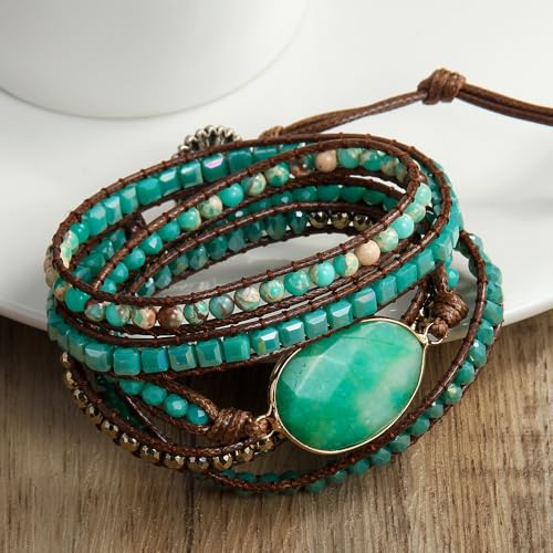 Women Wrap Bracelets Boho Natural Stone Jasper Turquoises Strand Bracelet Jewelry Collection - color: Green Agate