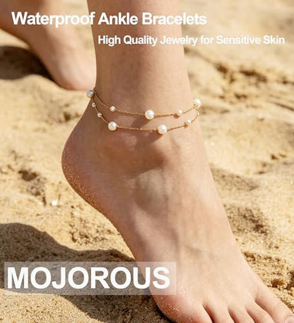 Waterproof Pearl Anklet 18K Gold Plated Stainless Steel Ankle Bracelets for Women Double Layered Pearls Chain Summer Beach Foot Jewelry 8.5+2 inches