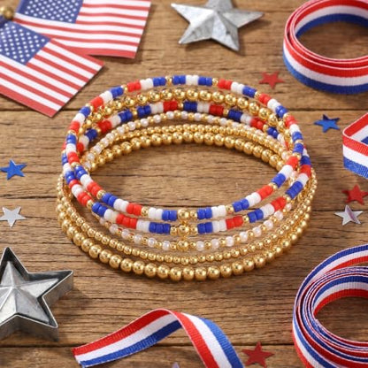 14K Gold Plated Beaded Bracelets Stack Set for Women,Stretch Boho Ball Jewelry Friendship Trendy - color: 4th of july