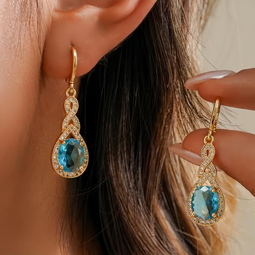18K Gold Plated Flower Dangle Earrings for Women, Hypoallergenic Cubic Zirconia Earrings, Elegant CZ Drop Earrings, Statement Jewelry Gifts Party Fashion - style: OBS0470-Blue
