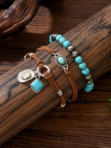 LOTSOF Western Turquoise Beaded Bracelet, Chic Stack Beaded Western Style for Country Concerts, Cowgirl Outfits & Boho Jewelry - color: Western Turquoise Cowboy Hat