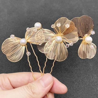 Bridal Hair Pins 4pcs Wedding Pearl Metal Flower Hair Pieces Accessories for Women Girls